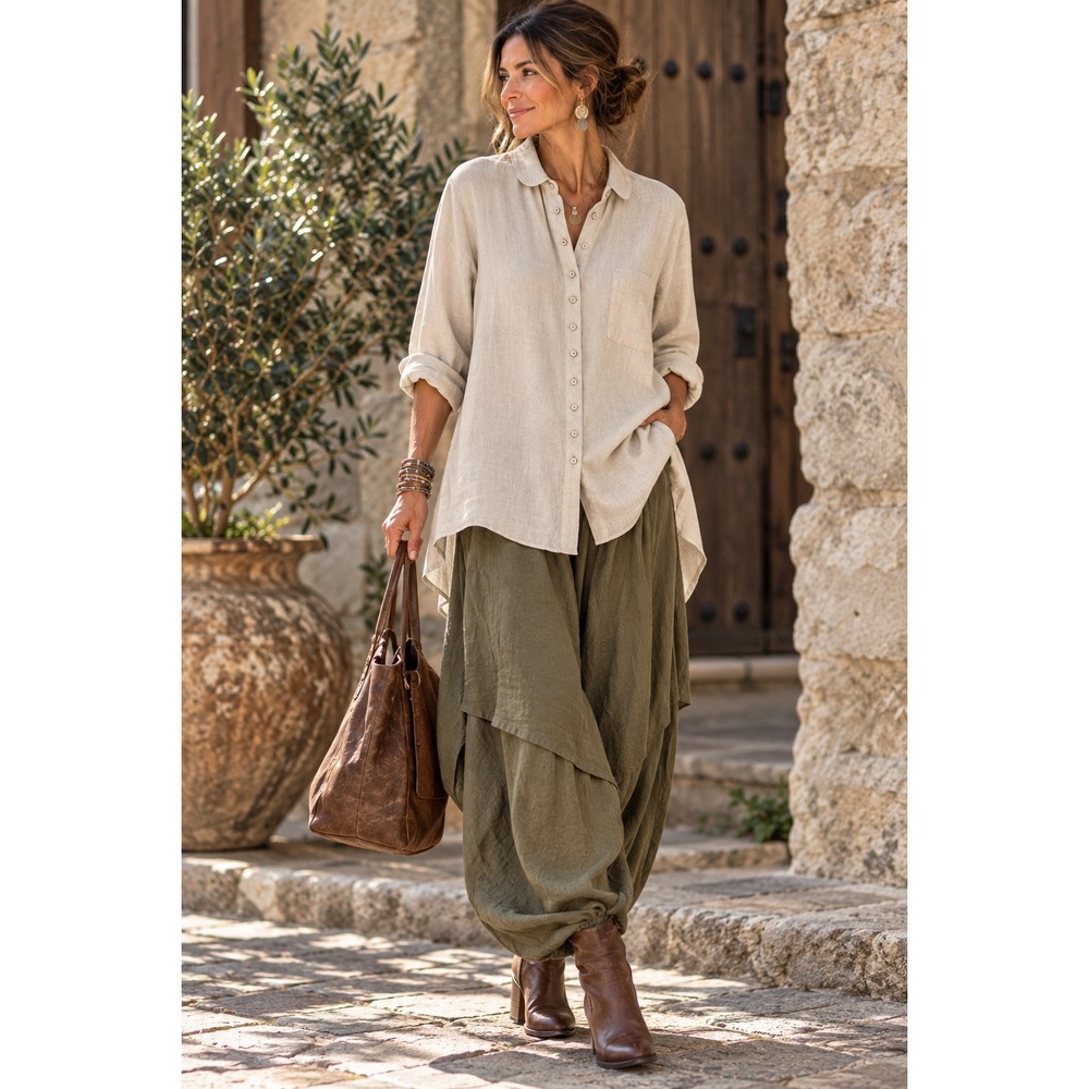 Poetry US 16 Linen Tunic Shirt Light Beige Lagenlook Coastal Boho Quiet Luxury
